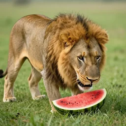 Lion pouncing on watermelon, award winning nature photo, 1993