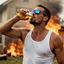 realistic duke nukem wearing a tank top, reflective sunglasses, drinking beer, unfazed by his house being on fire, high quality, very detailed, a beautiful photo, national geographic quality