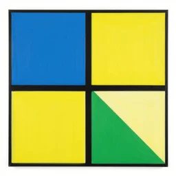painting, four rectangle and one triangle shapes, in blue, in yellow, in green, divided by black lines