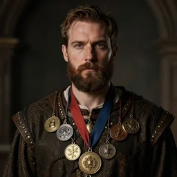 a portrait of a man in the 3 0 s with a short brown beard, wearing many medallions, style by donato giancola, wayne reynolds, jeff easley dramatic light, high detail, cinematic lighting, artstation, dungeons and dragons