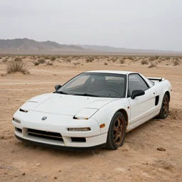 a wrecked 1 9 9 7 acura nsx, abandoned in a desert, dusty, damaged, some rust