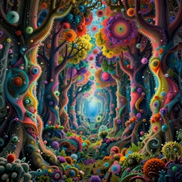 An ultra detailed dreamy fractal forest, 4k unreal engine renders, ultra-wide angle, by Zdzisław Beksiński, HD, cinematic,vivid colors