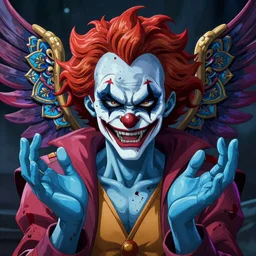 4K headshot of godlike clown with blue skin defined arms and open hands and bloody clothes with giant mandala wings , intricate face , flawless anime cel animation by Kentaro Miura, psychedelic , highly detailed upper body , professionally post-processed , beautiful, scary, symmetry accurate features, epic, octane rendered, anime masterpiece, accurate