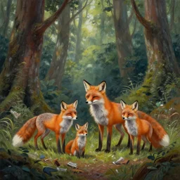 “ a magical forrest with a fox family, rubbish showing how humans destroying the world, highly detailed painting ”