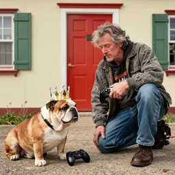 Buddy the graying middle aged homeless man fighting with an english bulldog over an xbox controller, dog wearing a plastic crown, photo by Wes Anderson