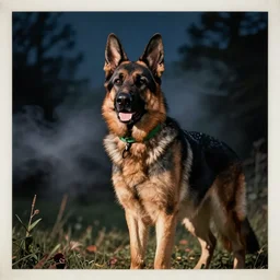 a vapor wave german shepherd with a green collar night theme
