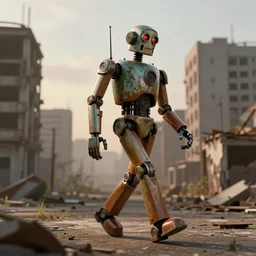 vintage robot walking through an abandoned city, 3D, atmospheric, photorealistic, magic hour, unreal engine 5