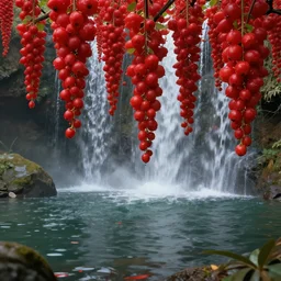 close up of low hanging red fruits, pond, waterfalls, by james gurney, low angle shot, concept art, matte painting, intricate, hyper detailed, volumetric lighting, sharp focus, octane render, trending on artstation, 8 k