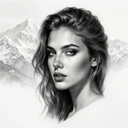tattoo design sketch of a beautiful woman face next to a faded background of beautiful mountains, hyper - realistic, in the style of den yakovlev, amazing detail, black and white