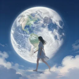 i walk on the moon, with the earth in view. volumetric lighting, summer, eternal, clear weather, ethereal clouds, realistic illustration, perfectly shaded, soft painting, caustics, ( dust ), ( floating light particles ) art by krenz cushart and wenjun lin
