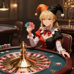 Digital anime art by WLOP and Mobius, A casino table with a large metal roulette wheel, beautiful blonde woman, holding casino chip rake, jester outfit, highly detailed, intriguing lighting