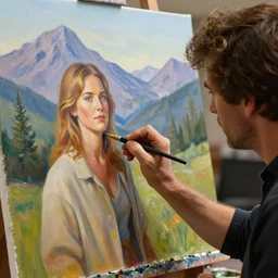 a closeup photorealistic photograph of bob ross working on a canvas painting of natalie dormer. film still. brightly lit scene. mountains and trees. this 4 k hd image is trending on artstation, featured on behance, well - rendered, extra crisp, features intricate detail, epic composition and the style of unreal engine.