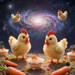formation of intergalactic adorably cute chickens flying through the galaxy looking for a habitable planet made of ranch dip cups and carrots