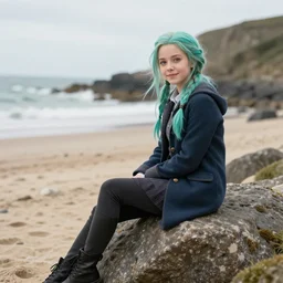 luna lovegood sitting on a rock near a beach
