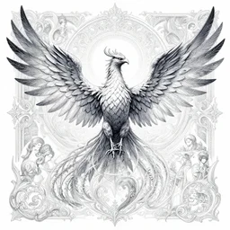 full - body cyan magic phoenix with beak, holy, white ink + magical + symmetrical + detailed intricate + heraldic design + epic + by peter mohrbacher and kentaro miura + high details, in the style of jean delville, artstation, 8 k, tarmo juhola, ivan laliashvili, james gurney, moebius, roger dean, wlop, victo ngai, 4 k, cinematic
