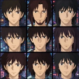 a 3 by 3 array of a 1 9 8 0's jesus christ, finely detailed features, closeup at the faces, perfect art, busy cyberpunk city, gapmoe yandere grimdark, trending on pixiv fanbox, painted by ilya kushinov makoto shinkai takashi takeuchi studio ghibli, akihiko yoshida