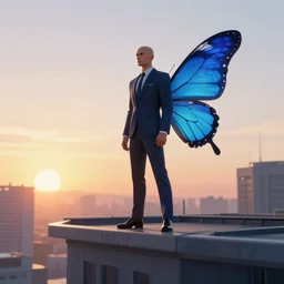 bald man in a suit with blue butterfly wings standing on the roof of the building, sunrise, digital art, trending on artstation,