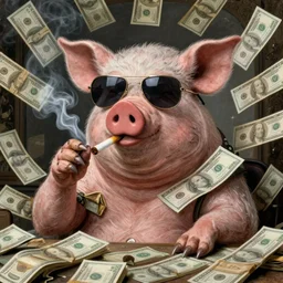 humanoid pig smoking a joint and wearing sunglasses surrounded by millions of dollars ; portrait ; renaissance painting ; hyperrealistic ; mannerism painting ; 2 0 2 0 ; greed ; corporate america ; detailed