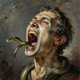 A disembodied head screaming, snakes slithering out of its mouth, oil painting, surrealism style
