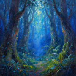 oil painting of fantasy magic forest, craig mullins, colorful, hight saturation, blue