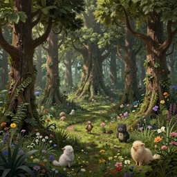 an intricate concept art of a fantasy forest, large trees, wild flowers, fluffy creatures, art by ian mcrue, highly detailed