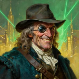 an intimate portrait of a gnarly human 1 7 th century captain, old skin, faded fedora, charming, strong leader, metal eye piece, a look of cunning, big smile, detailed matte fantasy painting, golden cityscape, lasers, sparks, green, teal, velvet, fluorescent