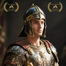 portrait of ancient warrior with helmet and breastplate,