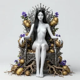 the portrait of an incredibly beautiful a beautiful black haired woman with pale skin and a crown on her head sitted on an intricate metal throne made of potatoes roots and violets, an ultrafine detailed illustration by james jean, final fantasy, intricate linework, bright colors, behance contest winner, vanitas, angular, altermodern, unreal engine 5 highly rendered, global illumination, radiant light, detailed and intricate environment,