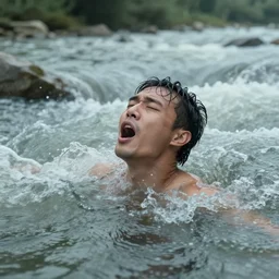 a man desperately gasps for air mouth open as his head emerges just above the water of a raging river , Featured on Artstation, CGSociety, Behance