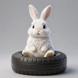 a cute easter bunny sitting on a tire, studio photo, high quality