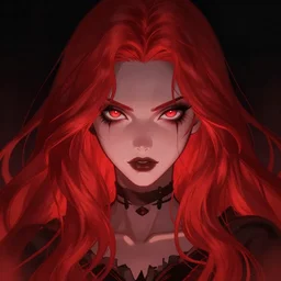princess of darkness, style of artgerm comic, piercing eyes, long glowing red hair, waterhouse, character art, matte