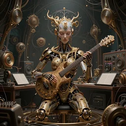 a centered photo of a mystical post apocalyptic cyborg plays instruments in the most complicated fractal and technical musical studio, powerful, cinematic, beautifully lit, by artgerm, by karol bak, 3 d, perfect face and body, trending on artstation, octane render, 8 k