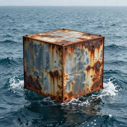 an art instillation of a cube in the middle of the ocean, slightly rusting, made by richard sera, 8k photograph, highly detailed