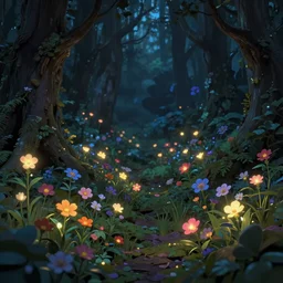elaborately detailed photo art of small colorful flowers glowing in night dark forest, high fantasy matte painting, atmospheric lighting, highly detailed illustration highlights, 8K detail post-processing, featured on DeviantArt, trending on cgsociety