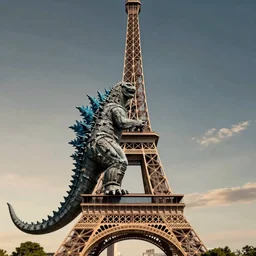 godzilla climbing the eiffel tower