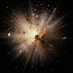 An explosion of debris, particulate matter and particles, directional lighting , black background, 8k redshift render