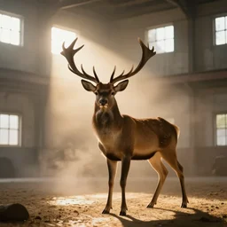 a great deer standing majestic in a large industrial room with small windows, golden light, thick mist, backlit, insane details, hyperrealistic photo by jimmy nelson, trending on artstation