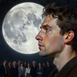 a closeup oil painting of a man staring at the moon, ultra realistic, true life, 8 k, masterpiece, cinematic, by leonid afremov, slim aarons, frank frazetta, greg rutkowski, christian macnevin, beeple, wlop, krenz cushart, epic character art, volumetric lighting