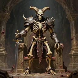 A spiked horned semiork-semihuman skeleton with armored joints stands in a large cavernous throne room with a big broadsword in hand. Massive shoulderplates. Extremely high details, realistic, fantasy art, solo, masterpiece, bones, ripped flesh, saturated colors, art by Zdzisław Beksiński, Arthur Rackham, Wayne Barlowe