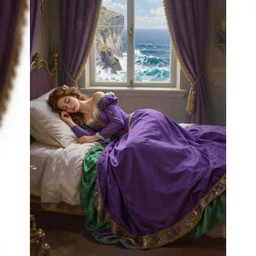 a hyperdetailed matte painting of a princess asleep on a bed in a tower, long purple and green dress, sleeping princess!!!!, window that overlooking cliffs and crashing waves in the background, highly detailed, deep focus, elegant, digital painting, smooth, sharp focus, octane render, 8 k, art by greg rutkowski and rembrandt and alphonse mucha