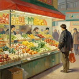 asian food market, painting by gaston bussiere, craig mullins, j. c. leyendecker