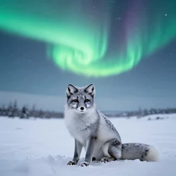 arctic fox sitting in the snow looking to the sky, aurora borealis, snowblanket, blizzard
