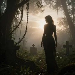 foggy jungle graveyard with backlight , vines with spikes ,woman silhouette backlight , backlight on everything , by frazetta, cloudy sunset mood