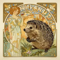 hegdehog art noveau poster, by artgerm alphose mucha, greg rutkowski, detailed, ornate, fantasy art