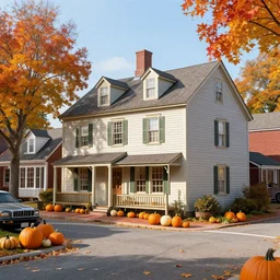 small new england colonial city street with shops and pumpkins, maple trees with fall foliage, volumetric, realistic, cinematic lighting, ray tracing, unreal engine 5, octane render, hyper realistic, photo, 8 k