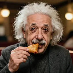 A photo of Albert Einstein eating Samosas, highly detailed, trending on artstation, bokeh, 90mm, f/1.4