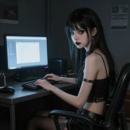 skinny goth computer geek sitting in a dark room in front of a computer screen, highly detailed, digital painting, artstation, concept art, soft light, sharp focus, illustration
