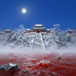 a gorgeous landscape painting by barlowe wayne maxfield parrish and marco mazzoni. drak blue night sky. just one winter moon!! snow. chinese temple. the winding steps. ultra clear detailed. 3 d, octane render. turbulent blood lake. fog