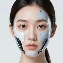 photo of young woman, close up, with robotic parts over her face and shoulders, and small led lights, white background, from the movie 2001 A Space Odyssey