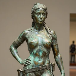 detailed photo of an old bronze patina statue of a beautiful lara croft posing for a portrait, intricate detail, museum diffuse lighting